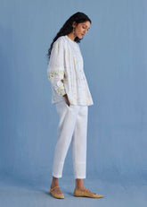 Akavi Pleated Floral Linen Co-Ord Set-White